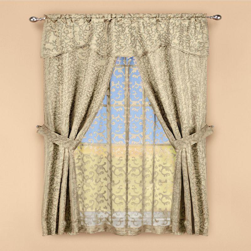 Collections Etc Insulated Scrolling Design Sheer Window Curtain Set with Tie Backs 54" x 63" Taupe