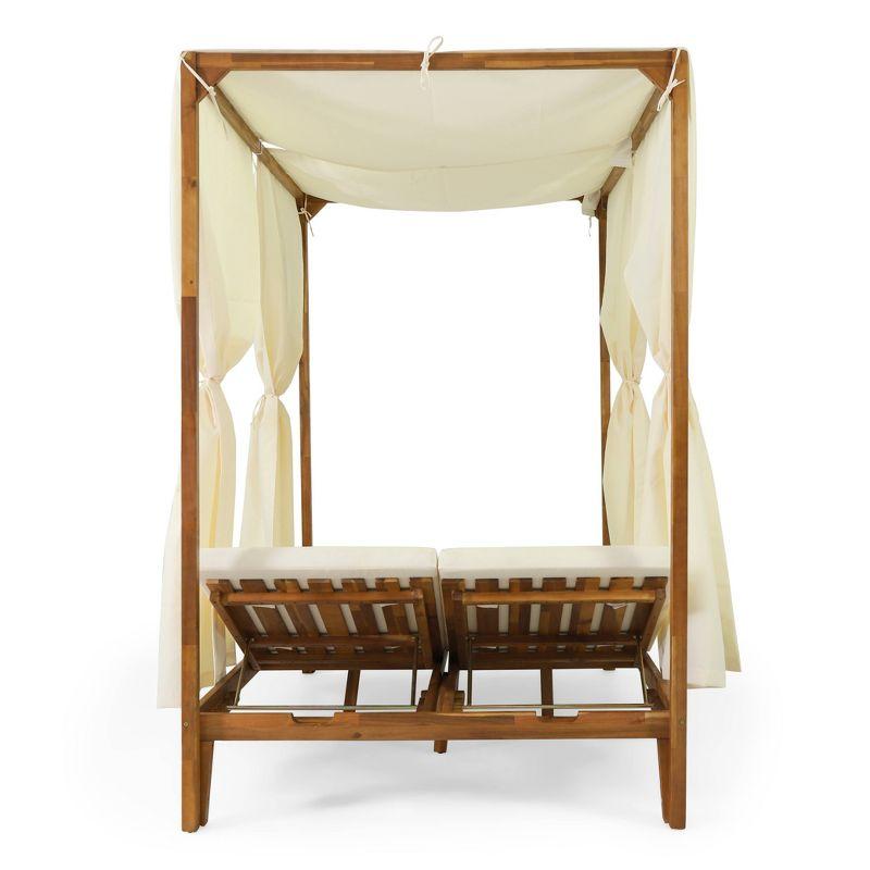 Kinzie Outdoor 2 Seater Acacia Wood Daybed with Adjustable Chaise & Water-Resistant Curtains - Christopher Knight Home