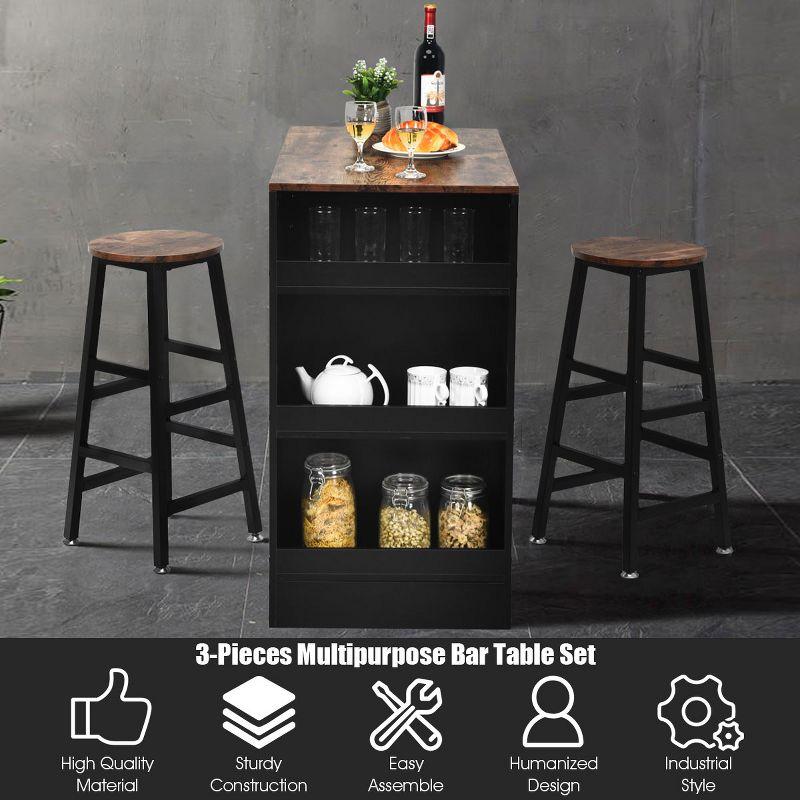 Costway 3 Pieces Bar Table Set Industrial Counter with Storage Black