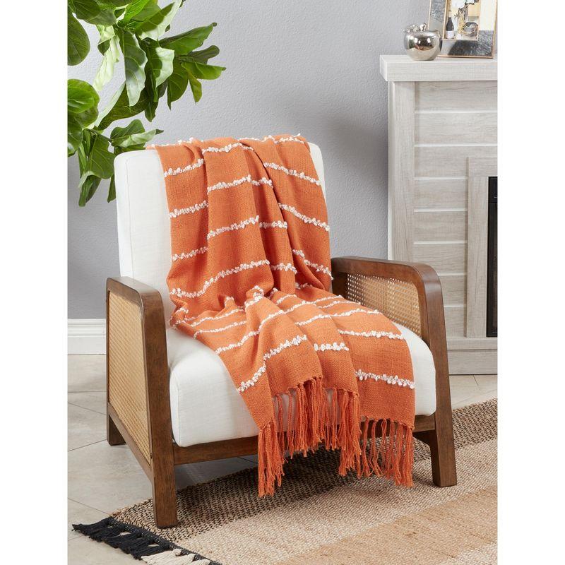 Rust and White Striped Cotton Throw Blanket with Tassels