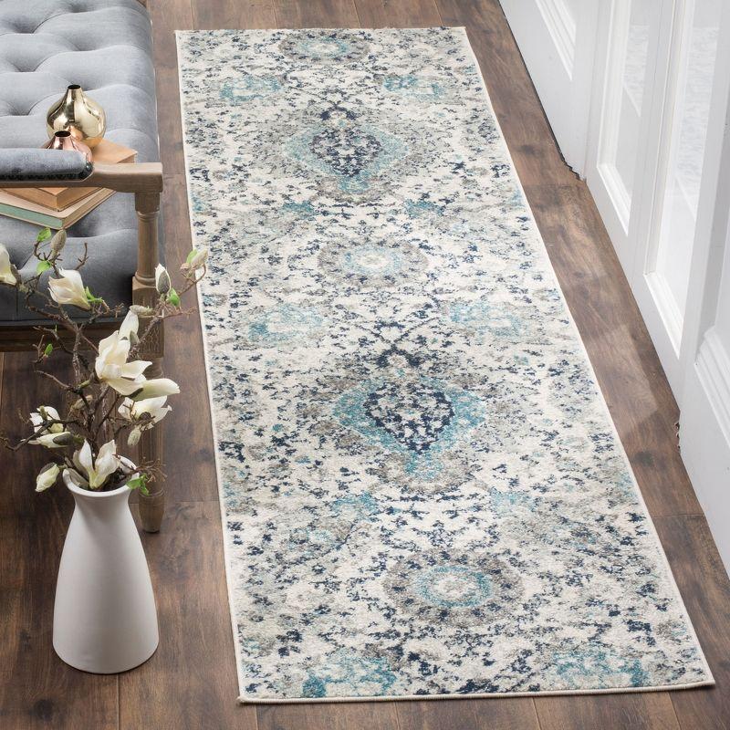 Gray and Blue Floral Motif Synthetic Runner Rug