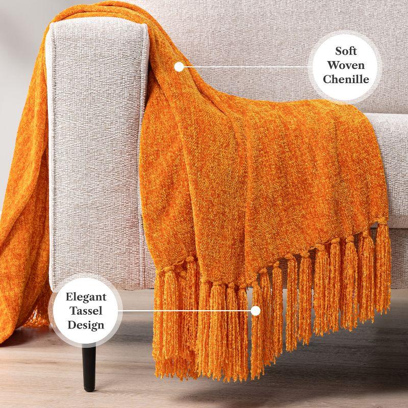 PAVILIA Chenille Throw Blanket with Woven Knitted Tassel Fringe for Couch, Living Room Decor and Bed