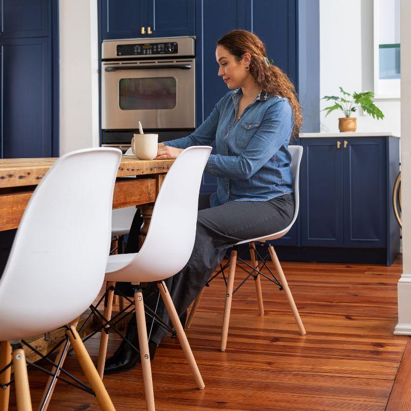 White Plastic Side Chair with Wooden Legs and Metal Bracing