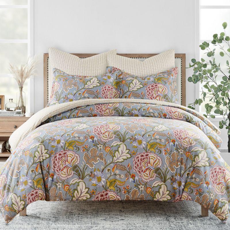 King Blue Cotton Reversible Floral Bedspread Set