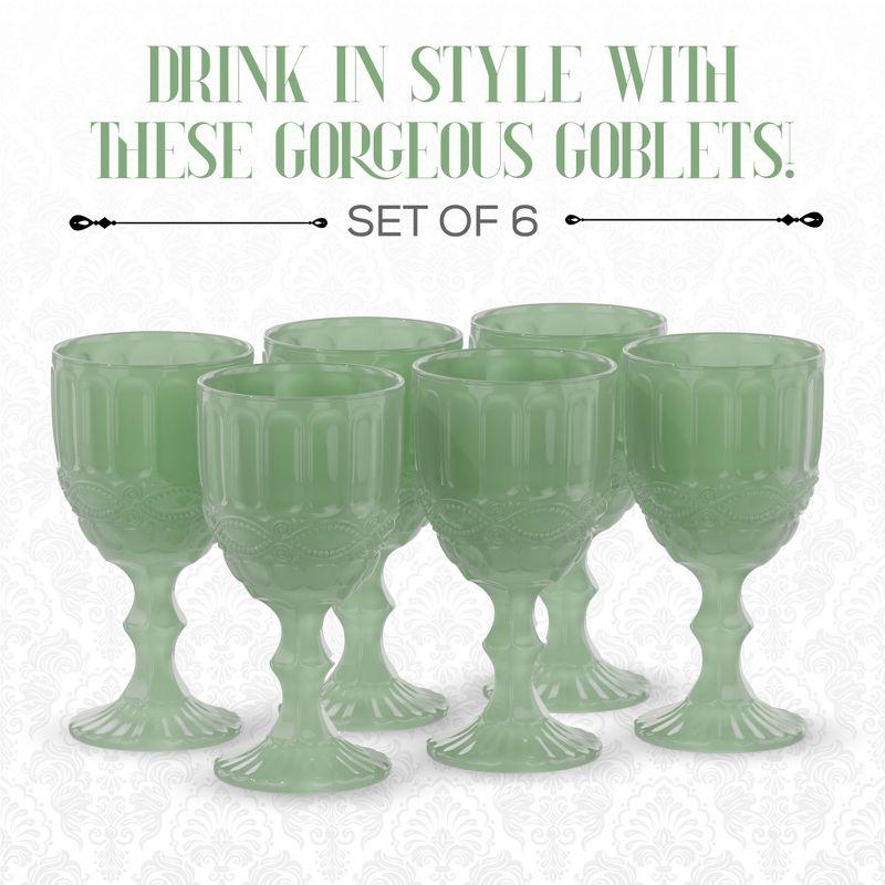 Jade Green Embossed Vintage Glass Goblets, Set of 6