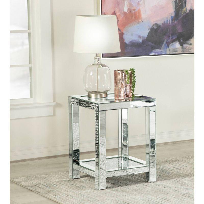 Silver Mirrored Square End Table with Glass Top and Crystal Accents