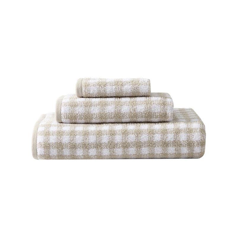 Beige and White Gingham Cotton Towel Set, 3 Pieces