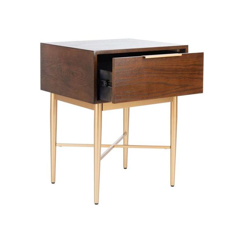 Pierre Sleek Gold Metal and Walnut One Drawer Nightstand