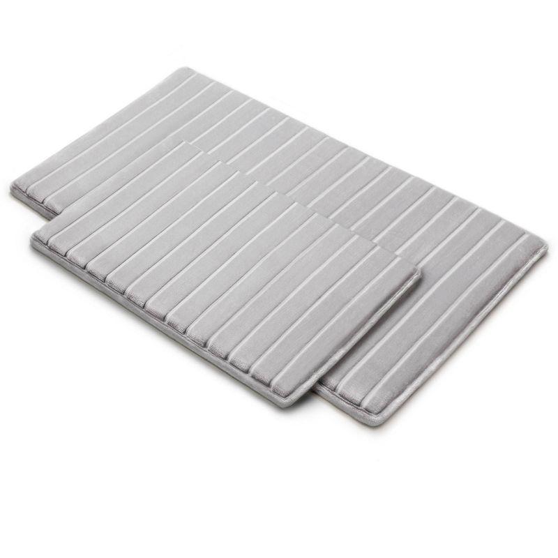 2pc 17"x24" and 21"x34" MICRODRY SoftLux Quilted Striped Memory Foam Bath Rug/Runner with Skid Resistant Base Light Gray