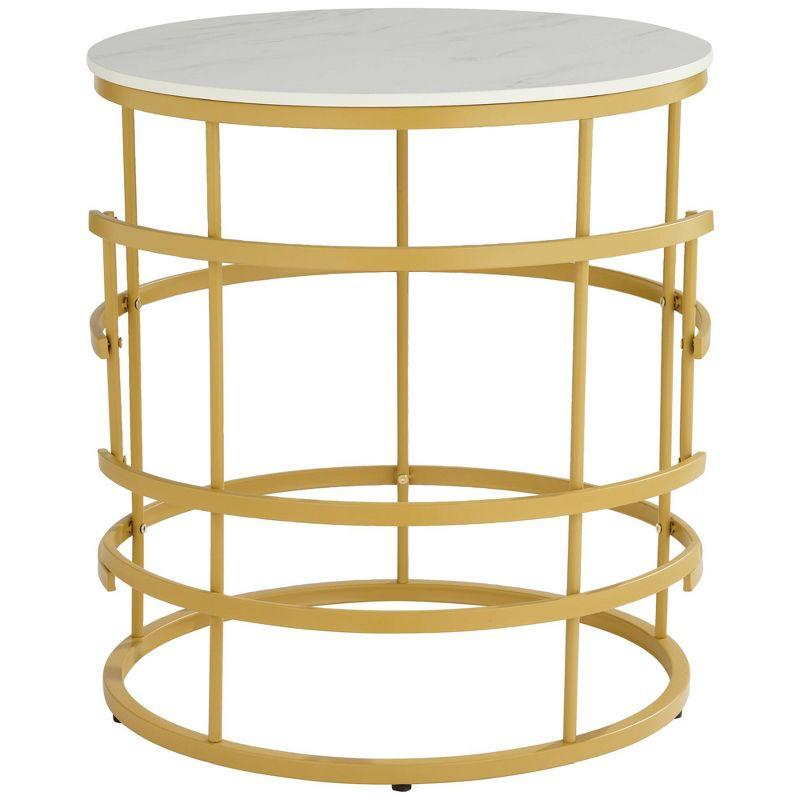 Studio 55D Brassica Modern Metal Round Geometric Tea Table 23 3/4" Wide Gold Cream Gray Faux Marble Tabletop for Living Room Bedroom House