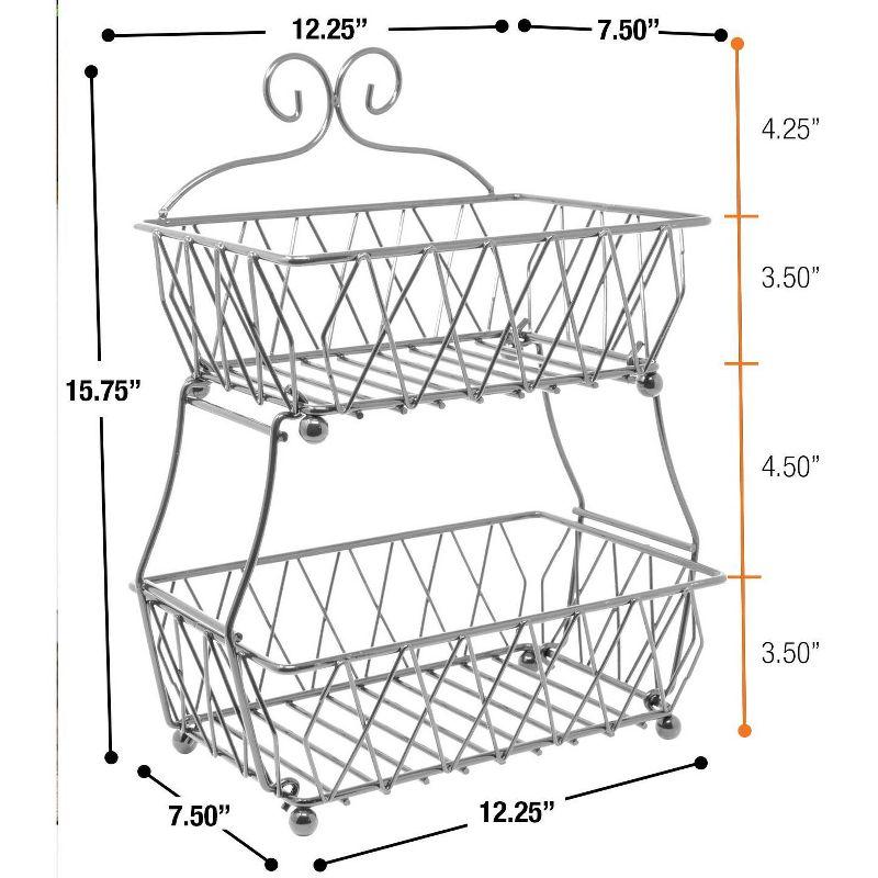 Silver 2-Tier Rectangular Metal Fruit Basket Stand