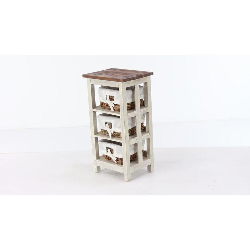 Antiqued White Wood and Rattan 3-Drawer Storage Unit