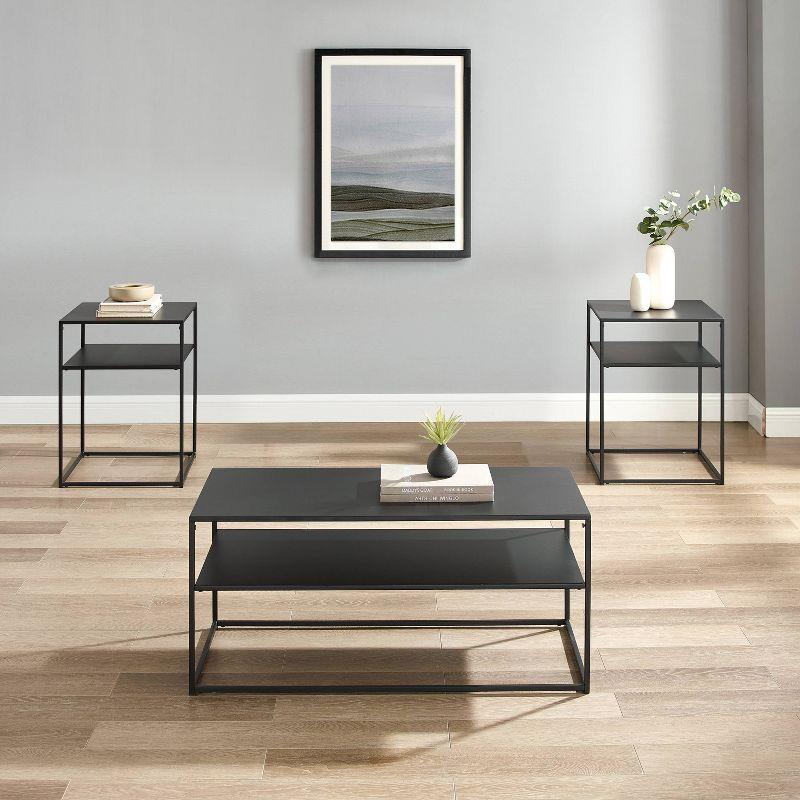 3pc Braxton Coffee and Accent Table Set Matte Black - Crosley: Steel Frame, Open Shelf, Modern Industrial Style