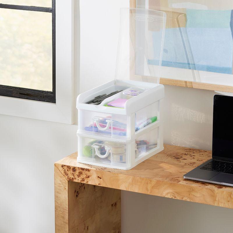 White Clear Plastic 2-Drawer Desk Organizer with Flip Top