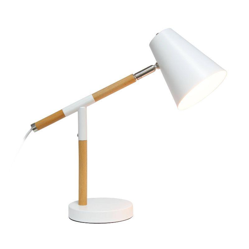 Matte White and Wood Adjustable Pivot Desk Lamp, 16.75" Height