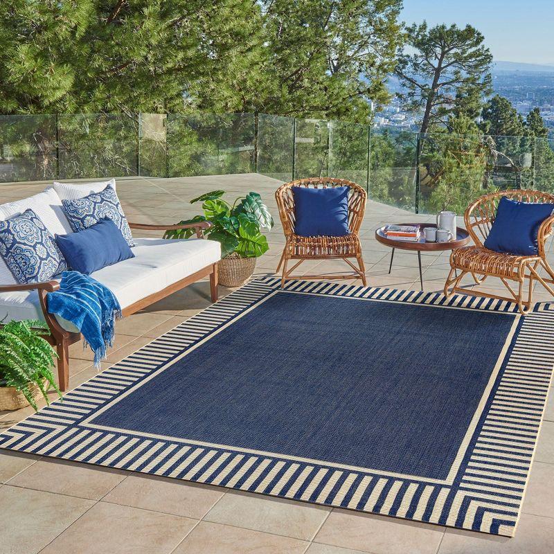 Paseo Kiano Modern Stripe Border Navy Blue Beige Polypropylene Flatweave Indoor/ Outdoor Area Rug