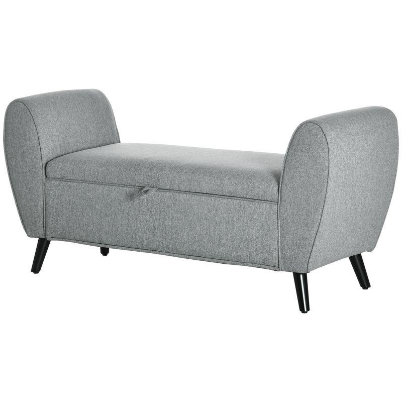 Elegant Light Grey Linen-Feel Upholstered Storage Bench with Oval Arms