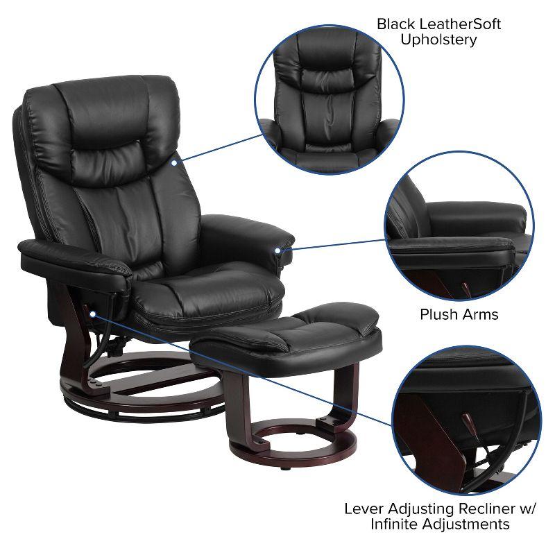 Flash Furniture Contemporary Multi-Position Recliner and Curved Ottoman with Swivel Mahogany Wood Base in Black LeatherSoft