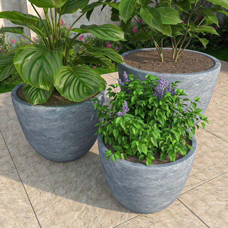 LeisureMod Dahlia Tapered Round Poly Stone Planter Set with Drainage – Weather-Resistant Planters for Indoor and Outdoor Patio Herb Garden, Set of 3