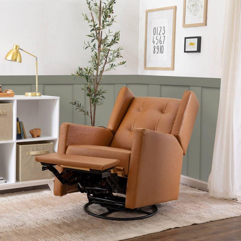 Vegan Tan Faux Leather Swivel Recliner with Wood Accents