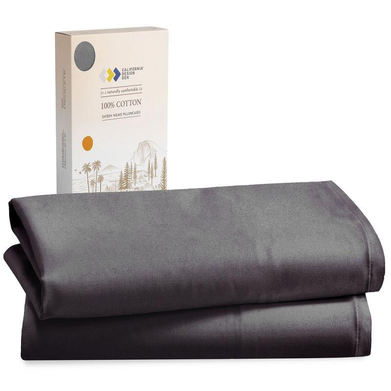 100% Cotton Pillow Cases Standard Size/ Queen Size Set of 2 Soft & Cooling Sateen Weave by California Design Den - Dark Grey (Black Tone)