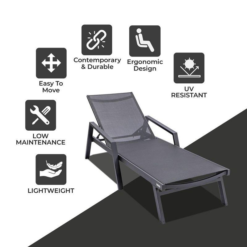 LeisureMod Marlin Patio Sling Chaise Lounge Chair With Arms in Black Aluminum