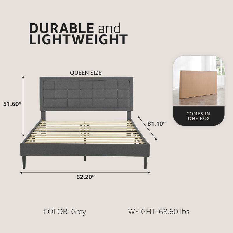 DeCoro Mornington Upholstered 2.0 Platform Full Size Bed Frame with Headboard for Indoor Use, Bedrooms, and Sleep Essentials, Queen, Grey