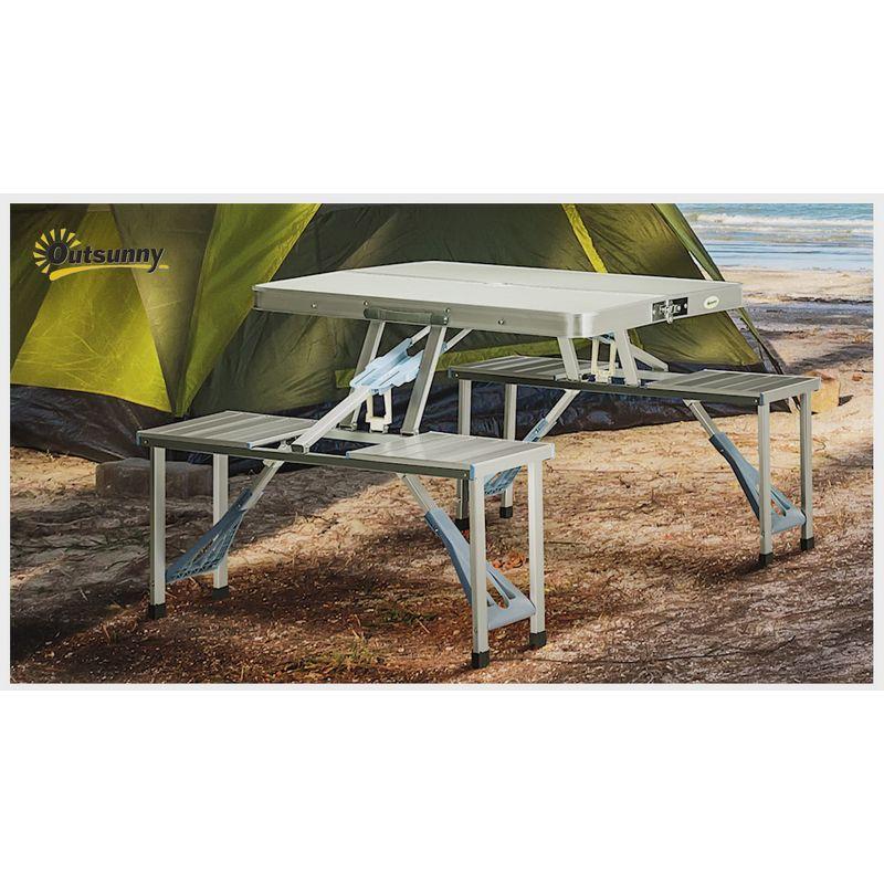 Outsunny Porch or Camping Picnic Table Folding with Carry Handle, Portable Outdoor Table with Bench, Patio Table with Umbrella Hole, Silver