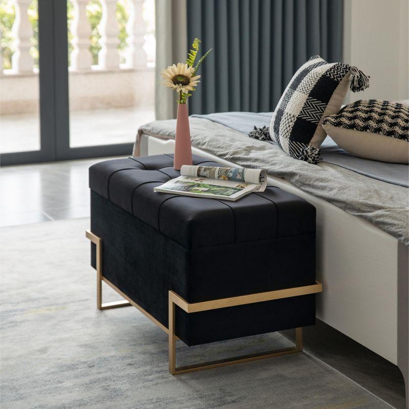 Fabulaxe Rectangle Velvet Storage Ottoman with Abstract Golden Legs | Sitting Bench for Living Room Home Decor with Unique Base Support (Black Large)
