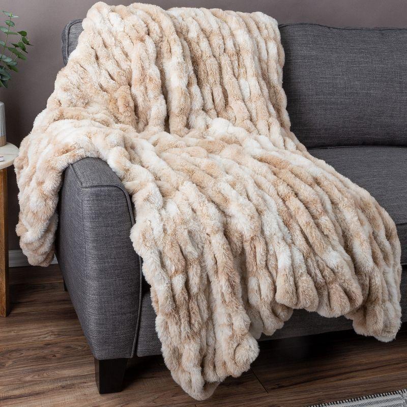 Oversized Ruched Faux Fur Blanket - 60x80-Inch Jacquard Faux Fur Queen-Size Throw for Sofas and Beds - Luxurious Bedding by Lavish Home