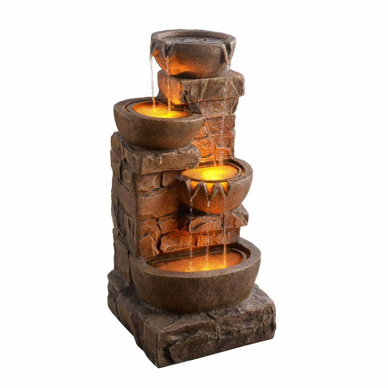 Teamson Home 33.27" Polyresin Cascading Bowls & Stacked Stones LED Fountain: Rust-Resistant, Electric Pump, Ground Freestanding