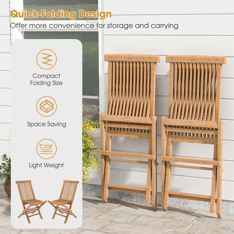 Costway 2 PCS Patio Folding Chair Indonesia Teak High Back Dining Slatted Seat Portable Outdoor