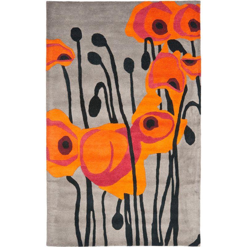 Gray and Orange Floral Hand-Tufted Wool Area Rug, 6' x 9'