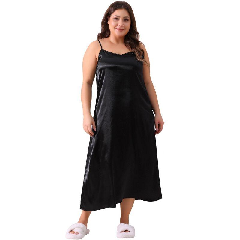 Agnes Orinda Women's Plus Size V Neck Sleeveless Cami Slip Satin Nightgowns Black 1X