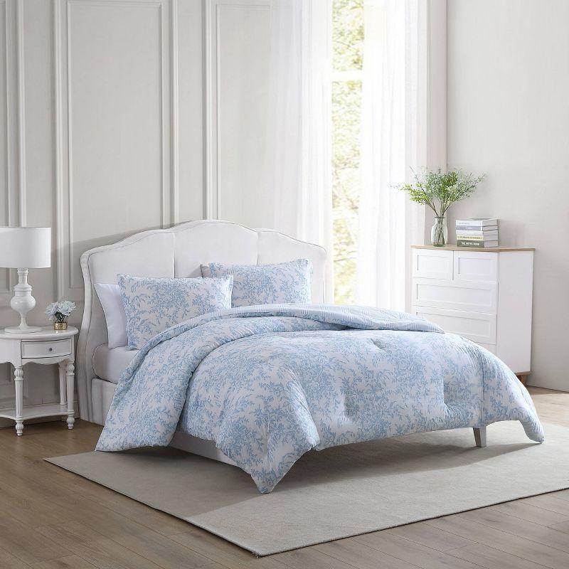 Laura Ashley 3pc King Bedford Comforter Bedding Set Blue: Cotton Reversible, OEKO-TEX Certified, Floral Design