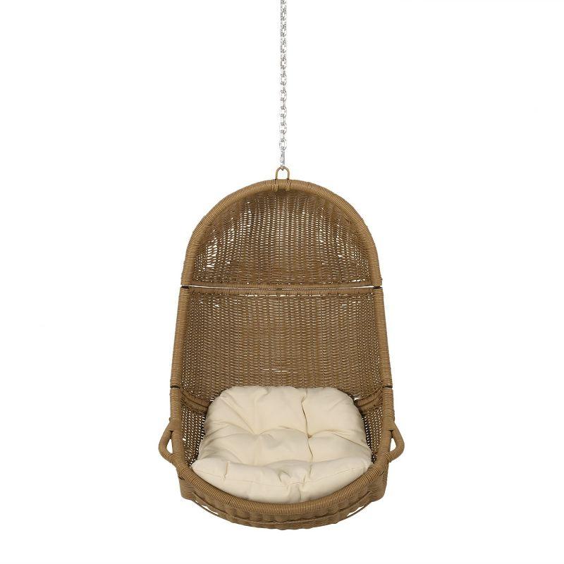 Light Brown and Beige Wicker Hanging Basket Chair with Cushions