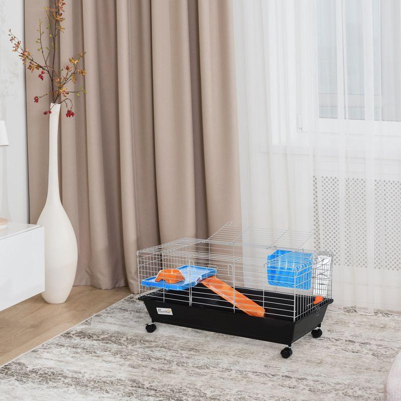 PawHut Small Animal Cage, Rolling Dwarf Bunny Cage, Guinea Pig Cage with Food Dish, Water Bottle, Hay Feeder, Platform, Ramp for Chinchilla