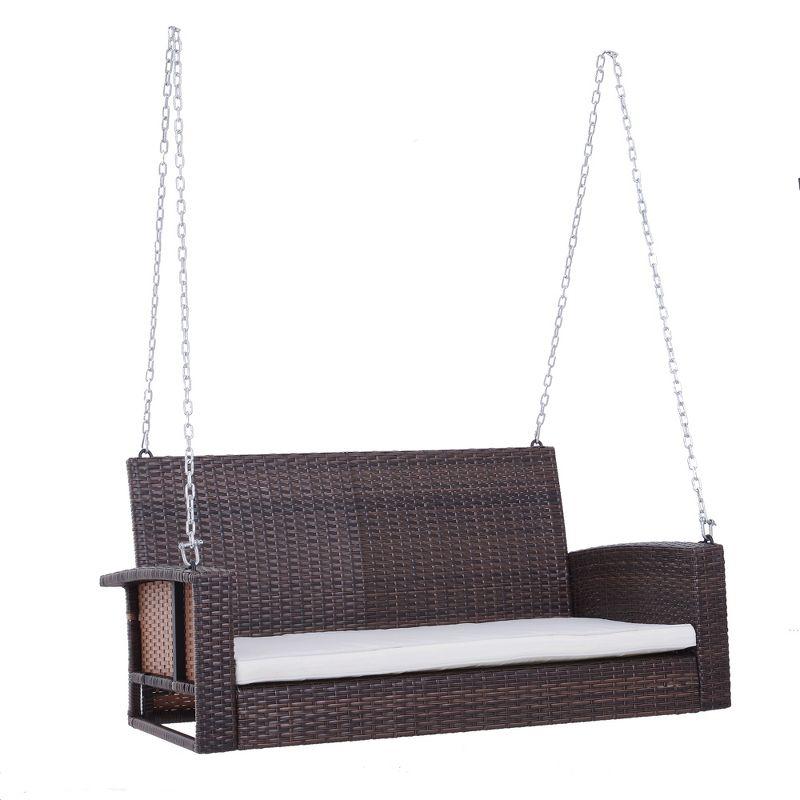 Brown Wicker 2-Person Outdoor Hanging Swing Bench with Cushions