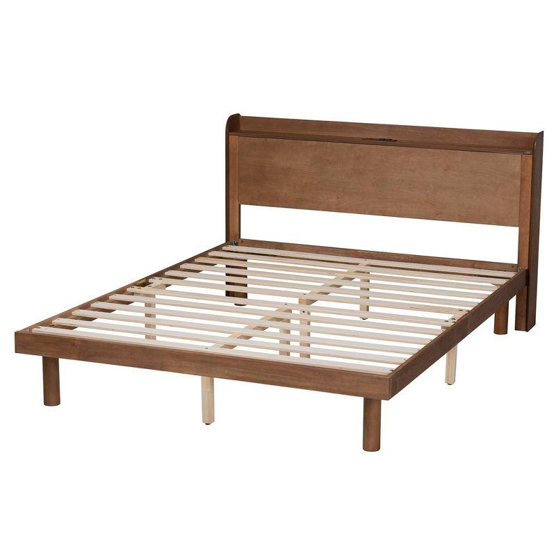 Walnut Brown Queen Wood Platform Bed with Charging Station