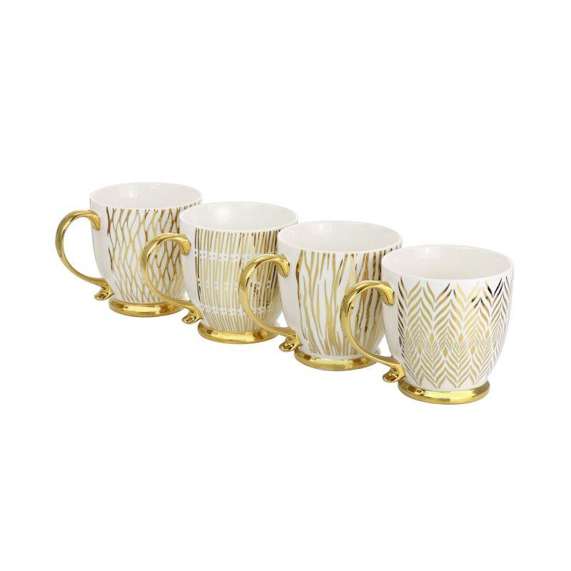 Gold Electroplated Fine Ceramic Mug Set, 4-Piece, White and Gold