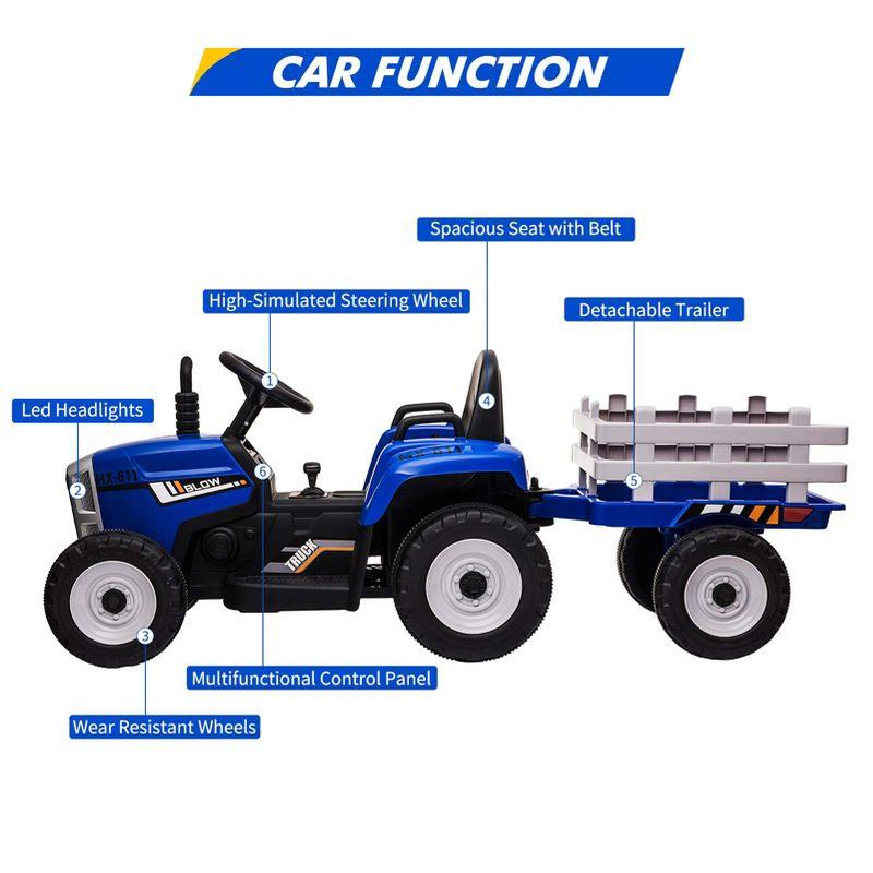 12V Kids Battery Powered Electric Tractor with Trailer, Toddler Ride On Car, RC, 7-LED Headlights/ 2+1 Gear Shif, for Kids