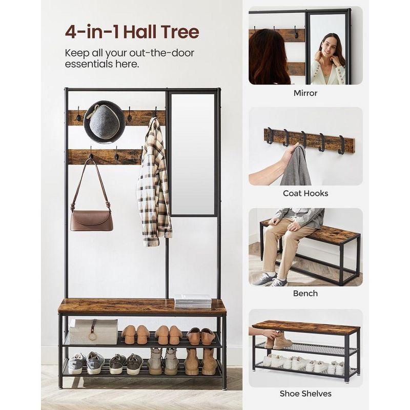 VASAGLE Hall Tree Entryway Coat Rack with Shoe Bench Rustic Walnut and Black