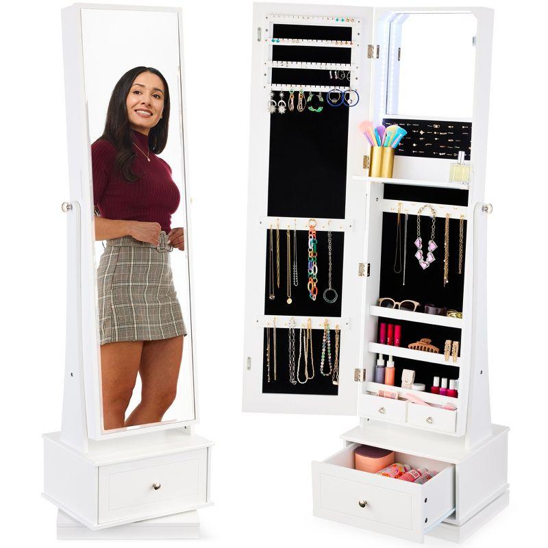 White 360 Swivel Standing Mirrored Jewelry Cabinet with LED Lights