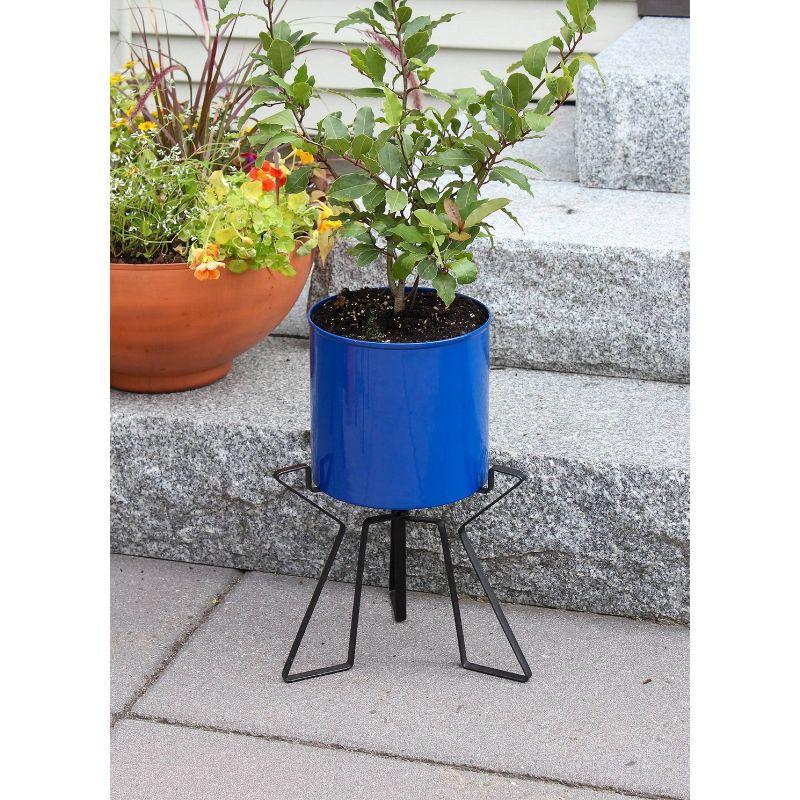 French Blue Galvanized Steel Planter with Black Wrought Iron Stand