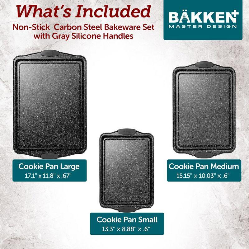 BAKKEN Gray Marble Nonstick Baking Pan Set - 3-Piece Carbon Steel Bakeware with Silicone Handles - Professional Grade Oven Pans for Home Kitchen