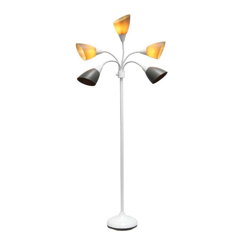 Simple Designs 67" Contemporary Multi 5-Head Adjustable Gooseneck Floor Lamp with Shades Gray : ETL Listed, Metal Body, Rotary Dimmer Switch