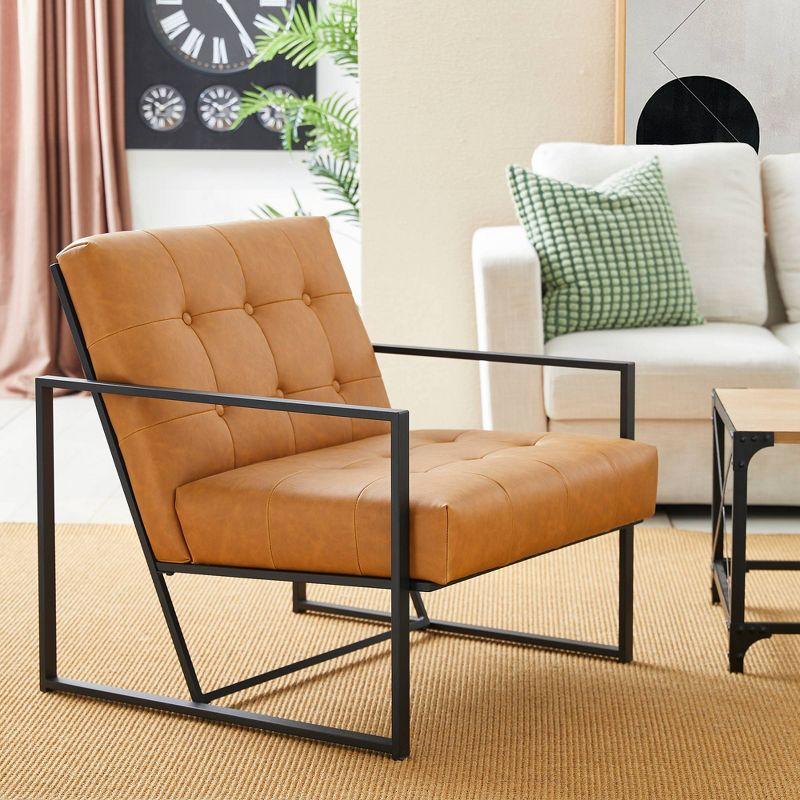 Mid-Century Modern Leatherette Button Tufted Arm Accent Chair Camel - Glitzhome: Chrome-Plated Metal Frame, Polyurethane Upholstery