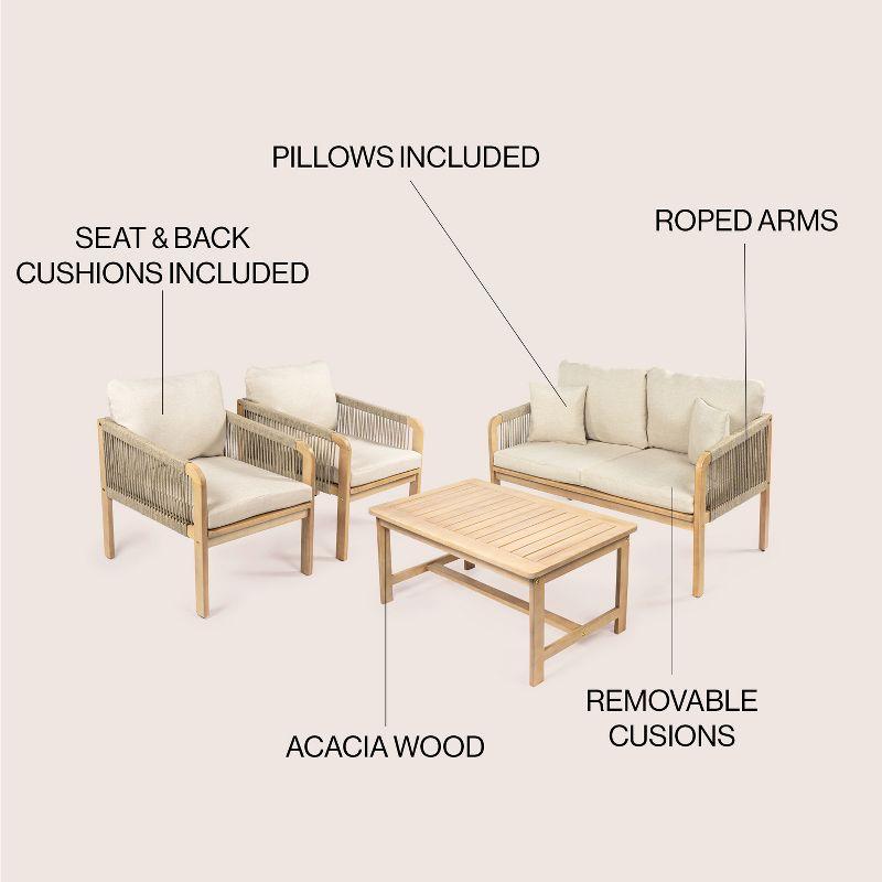 Tavira 4-Piece Modern Bohemian Acacia Wood Outdoor Patio Set with Cushions and Plain Decorative Pillows - JONATHAN Y