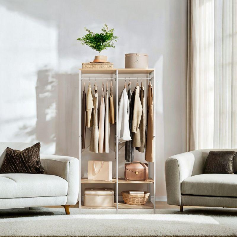 Wardrobe Closet Organizer Clothing Storage Iron and Wood Heavy Duty Clothes Rack with Hanging Rods, Shelves, and Removable Hooks 15.7 x 37.2 x 70.9