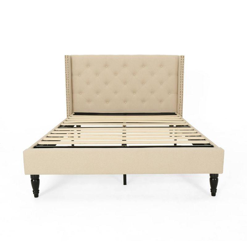 Elegant Beige Queen Bed with Tufted Upholstery and Nailhead Trim